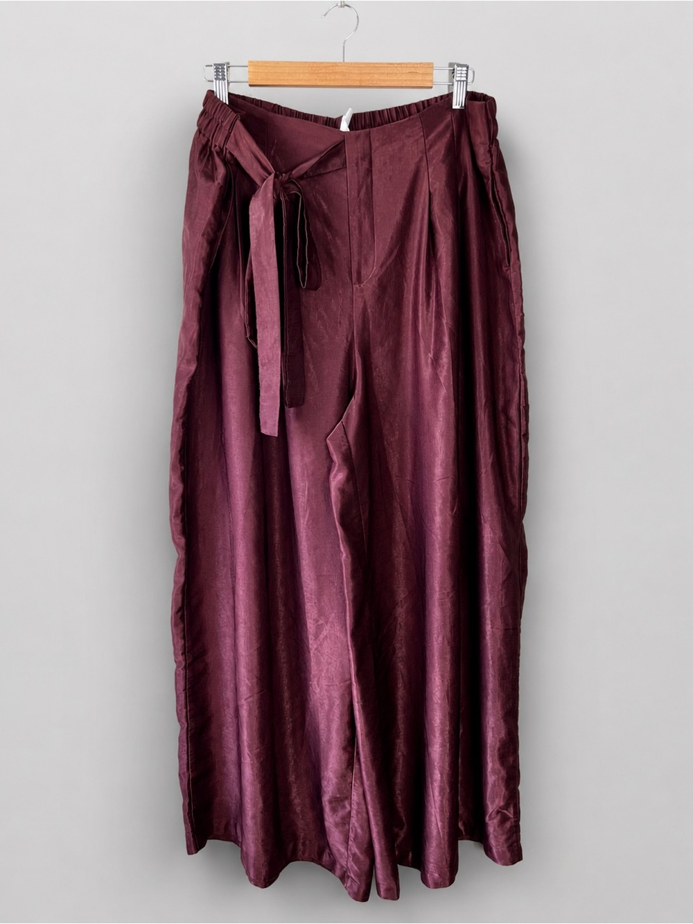 Halara Pull On Wide Leg Tie-Waist Satin Pants - Burgundy Size XL